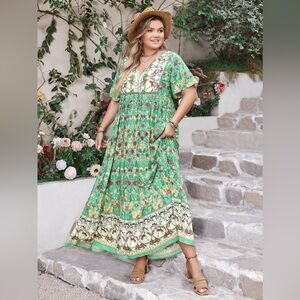 Rustty Dustty Plus Size Floral Tie Neck Flutter Sleeve Maxi Dress Sz 4x